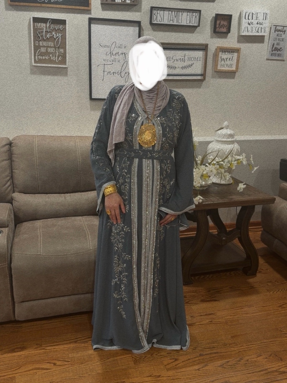 Elegant Embroidered Maxi Dress in Slate Gray